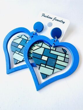 Blue Heart Lightweight Wooden  Earrings - Geometric Inlay